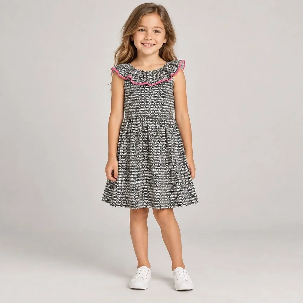 Carter’s Girls Size 7 Black White Geometric Knit Dress Pink Pom Trim